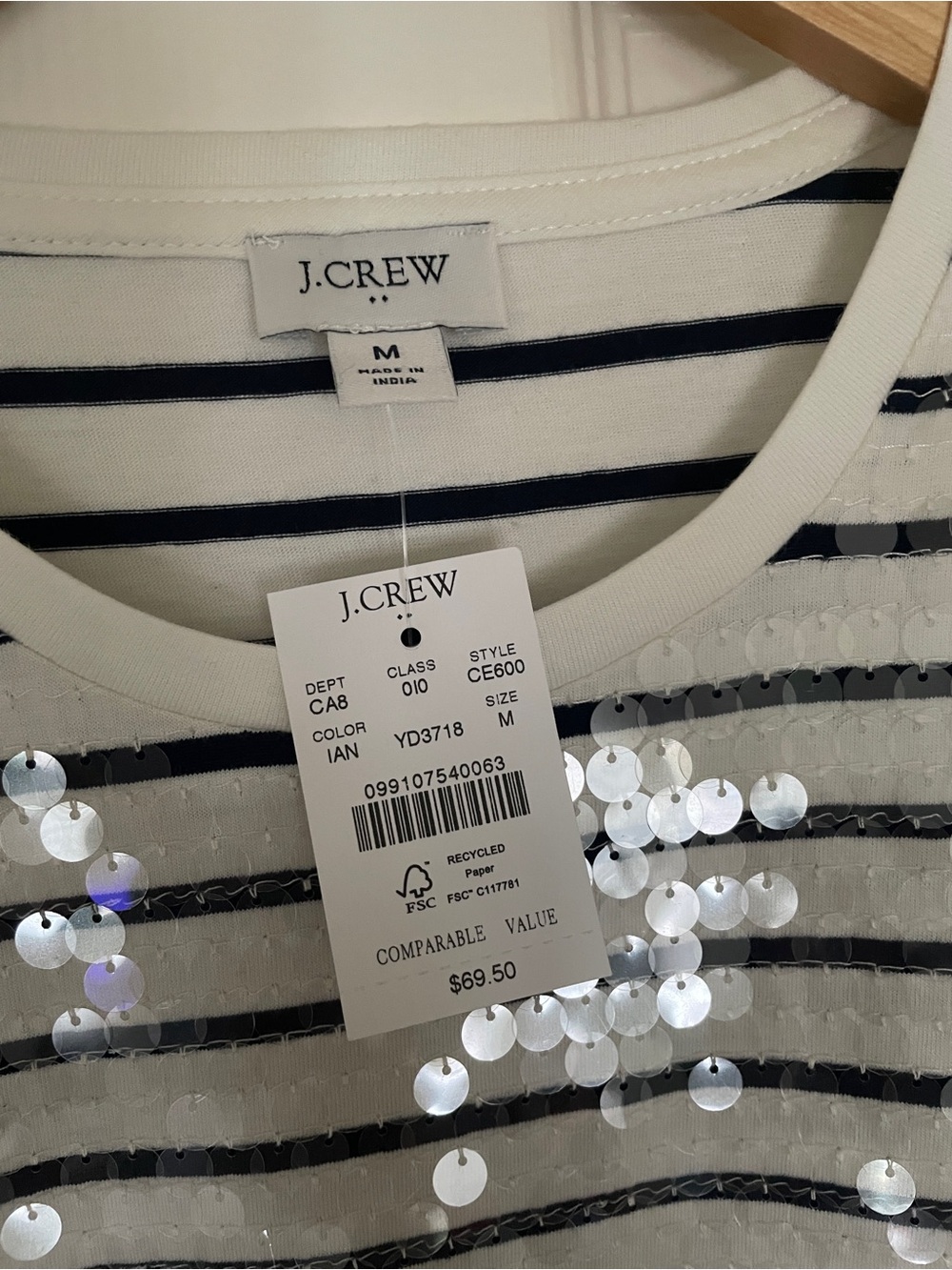 🪩 J. Crew White Tee with Navy Stripes and Silver Sequins 🪩 - Picture 2 of 5